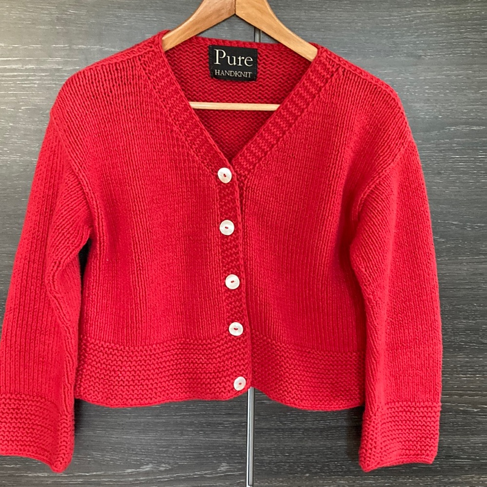 Pure Handknit Brand Red Cotton Cropped Drop Shoulder Cardigan size… S/M